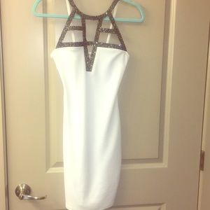 White sparkly cage neck midi dress